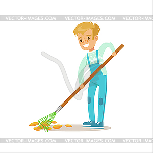 Boy Collecting Fallen Leaves With Rake Helping In - vector clipart