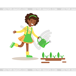 Girl Watering Sprouts Helping In Eco-Friendly - vector image