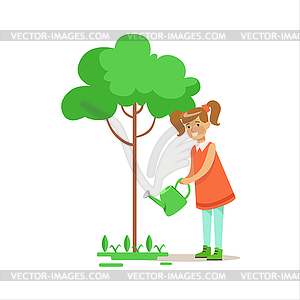 Girl Watering Tree Helping In Eco-Friendly Gardenin - vector clipart