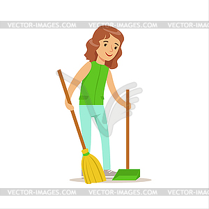 Girl Cleaning Up With Broom And Duster Helping In - vector image