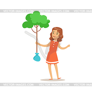 Girl Planting Tree Helping In Eco-Friendly Gardenin - vector image