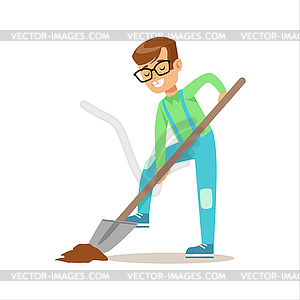 Boy Digging With Shovel Helping In Eco-Friendly - vector clip art