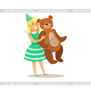 Girl Holding Giant Teddy Bear, Kids Birthday Party - vector clipart