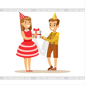 Boy Giving Present To Girl, Kids Birthday Party - vector EPS clipart