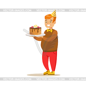 Chubby Boy With Big Cake, Kids Birthday Party - vector image