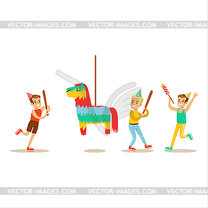 Kids Playing With Horse Shaped Pinata, Kids Birthda - stock vector clipart