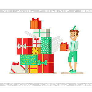 Boy Next To Giant Pile Of Presents , Kids Birthday - vector clip art