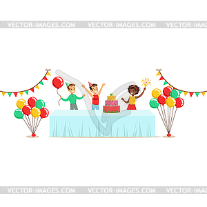 Children With Decorated Table, Kids Birthday Party - vector clipart