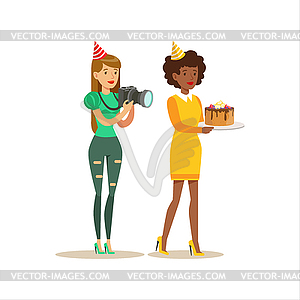 Two Women Taking Pictures And Bringing Cake, Kids - vector image