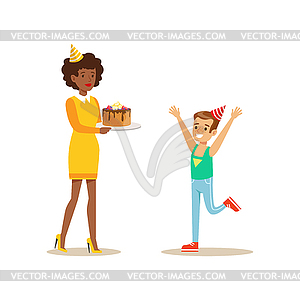 Woman Presenting Cake To Boy, Kids Birthday Party - vector clip art