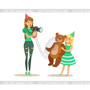 Woman Taking Pictures With Girl And Teddy Bear, Kid - vector clipart