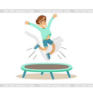 Boy Jumping On Trampoline, Kid Practicing - vector image