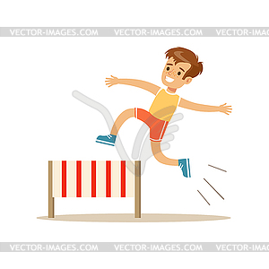 Boy Hurdle Racing, Kid Practicing Different Sports - vector image