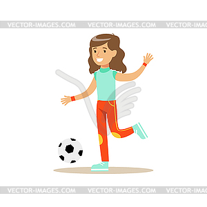 Girl Playing Football, Kid Practicing Different - vector EPS clipart