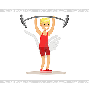 Boy Doing Weight Lifting, Kid Practicing Different - vector image