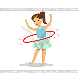 Girl Doing Hula-hoop, Kid Practicing Different - vector image