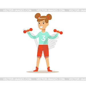 Girl Doing Exercises With Dumbbells, Kid - vector image