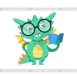 Little Anime Style Smart Bookworm Baby Dragon - vector clip art