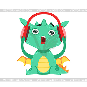 Little Anime Style Baby Dragon Listening To Music - vector EPS clipart