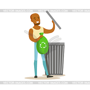 Man Throwing Waste In Recycling Bag , Contributing - vector clipart