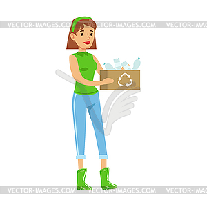 Женщина, несущая ящик, пригодный для повторного пластиковых отходов - векторизованное изображение клипарта