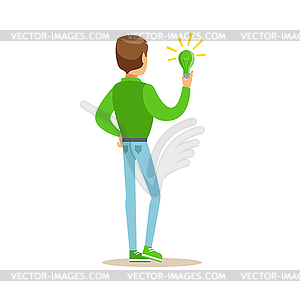 Man Holding Green Energy Lamp , Contributing Into - vector image