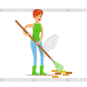 Woman Raking Garbage During Clean Up, Contributing - vector image