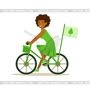 Woman On Bicycle Using Green Transportation , - vector clipart