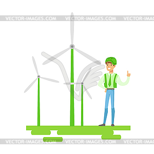 Man In Hard Hat Standing Next To Wind Power Turbine - vector image