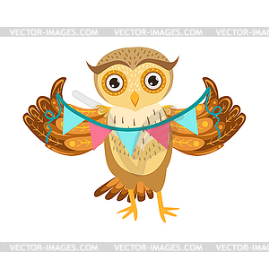 Owl Holding Paper Garland Cute Cartoon Character - vector clipart