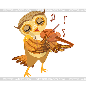 Owl Playing Violin Cute Cartoon Character Emoji Wit - vector image