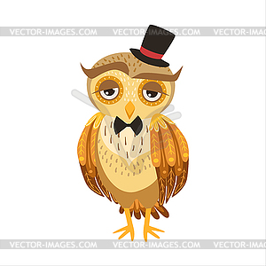 Gentleman Owl In Top Hat Cute Cartoon Character - vector clipart