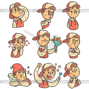 Boy In Cap And College Jacket Collection Of Emotico - royalty-free vector clipart