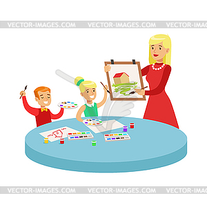 Two Children In Art Class Drawing Cartoon With - vector clipart