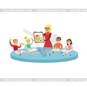 Four Children In Art Class Painting Cartoon With - vector image