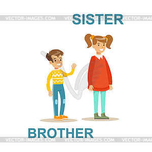 Younger Brother And Older Sister, Happy Family - vector clip art
