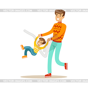 Папа Swinging Сын, удерживая его руки, Счастливая семья - изображение в векторе / векторный клипарт