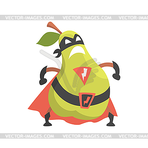 Pear Dressed As Superhero With Cape And Mask, Part - stock vector clipart