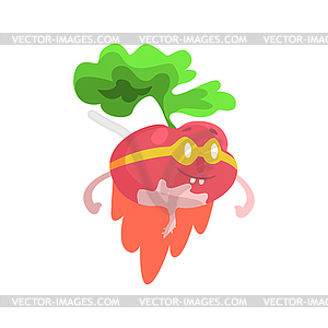 Radish WIth Glasses And Cape Dressed As Superhero, - vector image