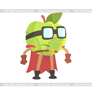 Apple In Glasses Wearing Cape Superhero Costume, - vector clipart