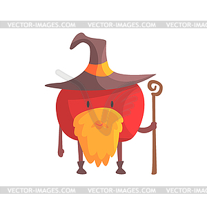 Tomato In Magician Costume With Staff And Beard, - vector clipart