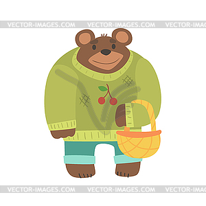 Brown Bear In Sweater With Wicker Basket, Forest - vector EPS clipart