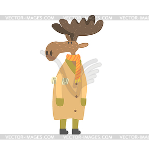 Moose In Long Coat With Newspaper Under Arm, - vector clipart