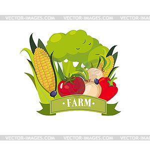 Set Of Fresh Vegetables With Banner Saying Farm, - vector image