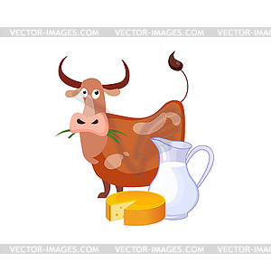 Caow Eating Grass And Dairy Food, Milk And Cheese, - vector EPS clipart