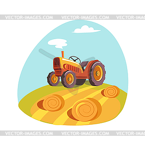 Tractor Standing On Field With Hay Stacks, Farm - vector image