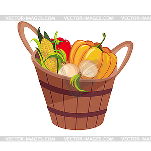 Fresh Vegetables Harvest Set In Wooden Bucket, - vector image