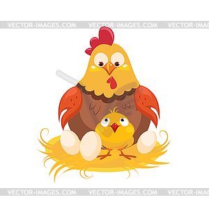 Mother And Baby Chicken In Nest With Couple Of Eggs - vector clip art