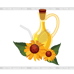 Sunflower Seeds Oil Glass Bottle and Sunflowers, - vector image