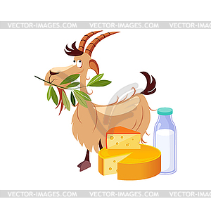 Goat Eating Branch And Set Of Cheese And Milk - vector clipart